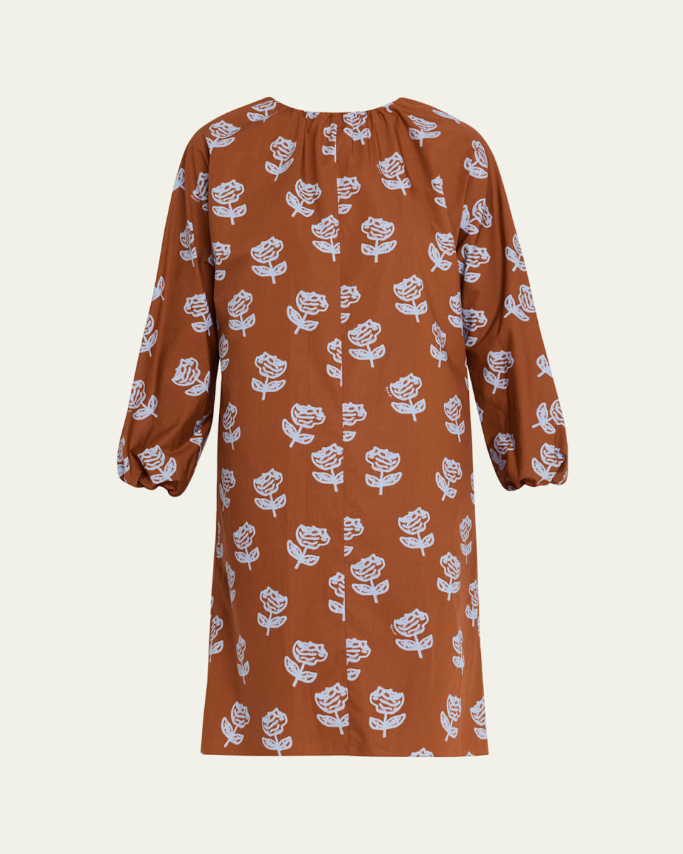 Floral Gathered-Neck Long-Sleeve Midi Dress